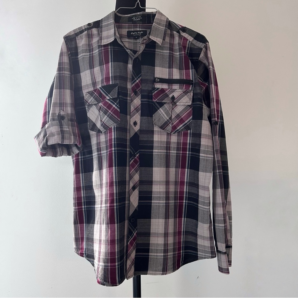 Men’s eighty eight Sz Large Burgundy/Gray Plaid Button Front Shirt Long Sleeve